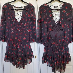 Forever21 Nwot Black Floral Rose Ruffle Mini Dress